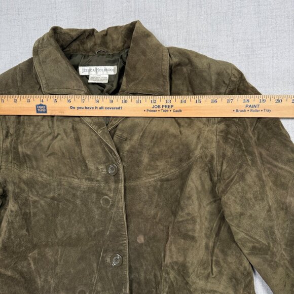 Y2K Jessica Holbrook Suede Jacket Olive Green Button Front Leather Size S Small - Picture 9 of 15